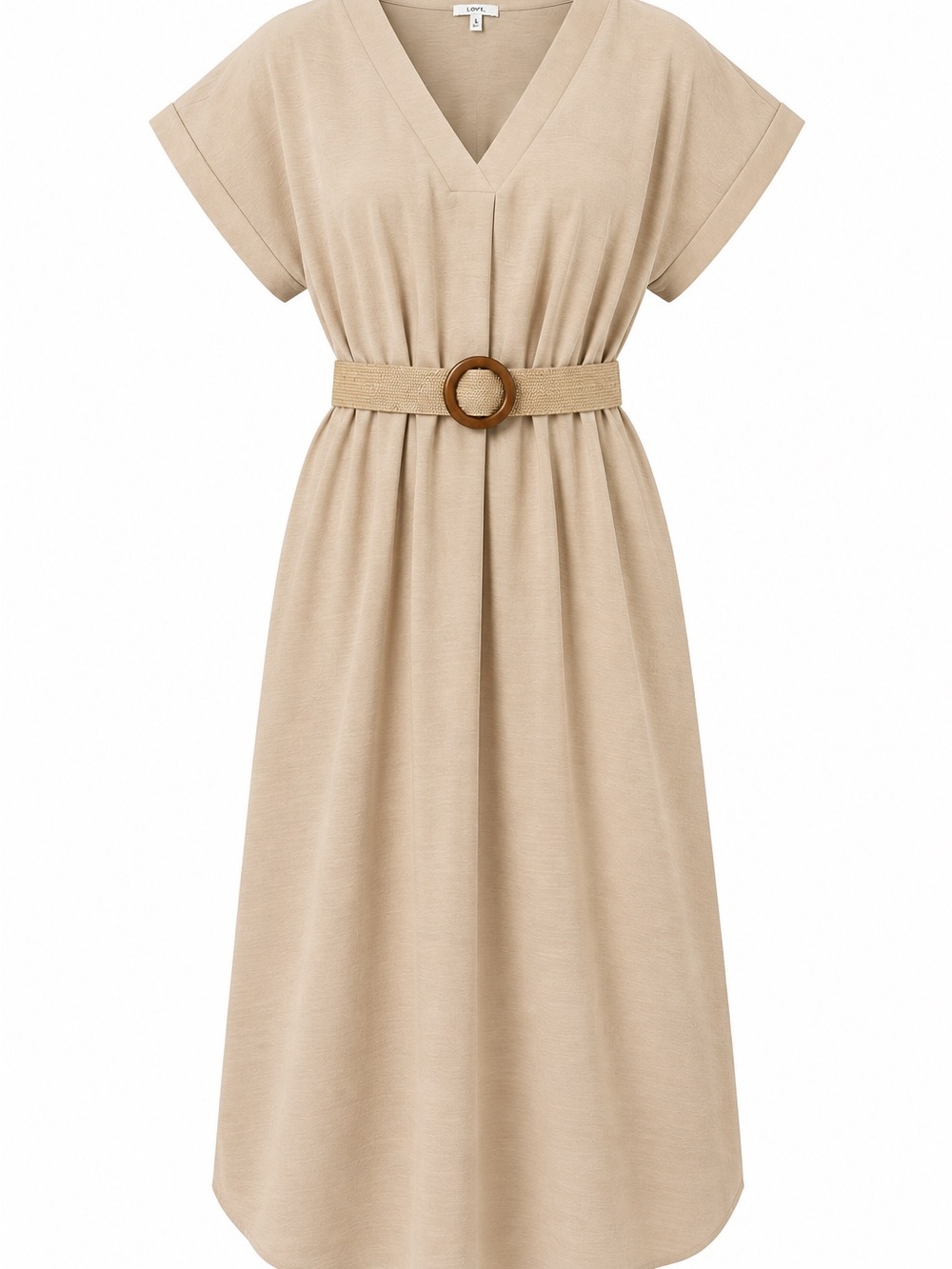 Beige V-Neck Belted Midi Dress